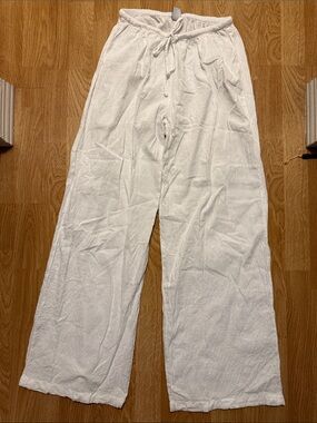Men's White Drawstring Relaxed Linen-Style Joggers